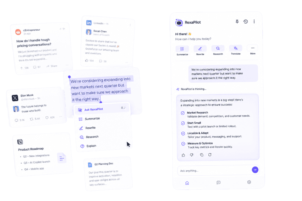 Rexa Pilot Interface showing sidebar chat, web context menus, and document integration